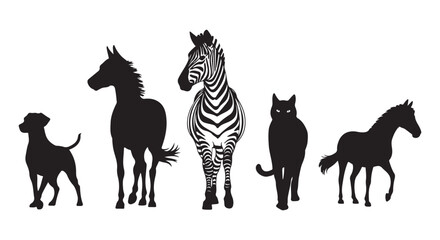 Collection of wild animals silhouettes including dog horse zebra and cat isolated on plain white background. © Sen