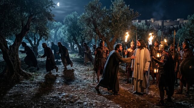 Jesus being betrayed by Judas Iscariot in the Garden of Gethsemane surrounded by Roman soldiers with torches. Biblical scene of the arrest of Jesus Christ. Religious history and faith.