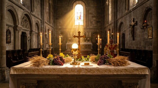Priest at altar with holy communion chalice and host during catholic mass. Religious bread and grapes as symbol of Jesus body and blood. Worship in church under divine light rays.