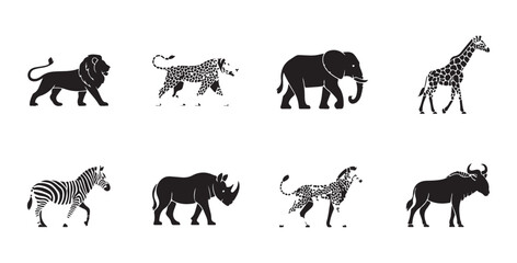 Set of wild animals silhouettes showing lion leopard elephant giraffe rhino and wildebeest in profile. © Sen