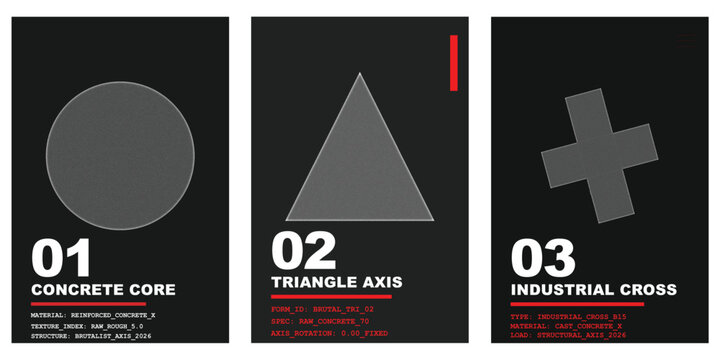 Brutalist architectural design posters with geometric shapes and technical specifications texture design isolated on transparent background