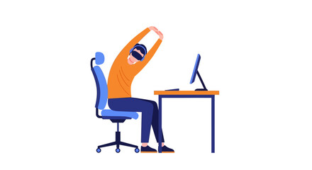 Fototapeta premium Man in VR Headset Stretching at Desk Vector Illustration - Metaverse, Virtual Reality Gaming, and Digital Wellness Concept