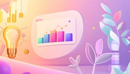 Obraz premium Creative Business Idea: Lightbulb, Chart, and Plant in Pastel Hues