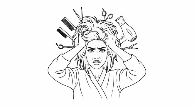 Woman distressed by unruly hair surrounded by salon tools