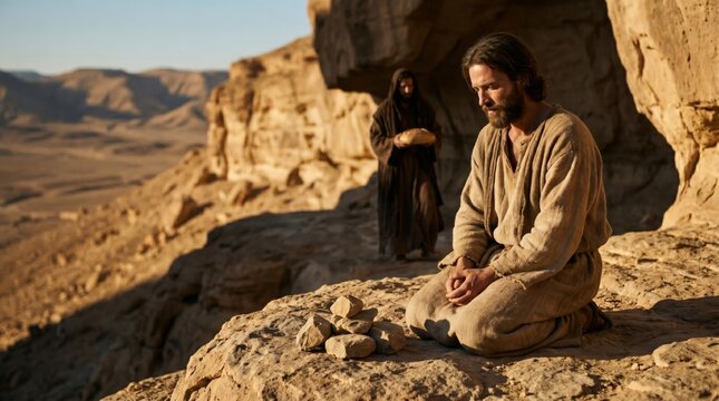 Jesus praying on a mountain edge in the wilderness. Biblical scene portraying a historical man kneeling in prayer before a pile of stones. Religious concept for church spirituality.
