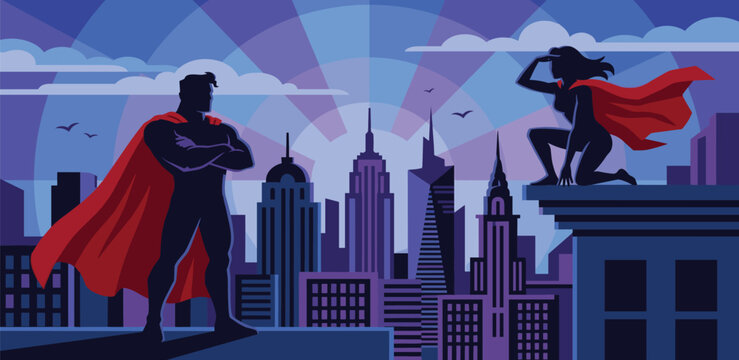Superheroes standing guard over a vibrant city skyline at sunset, embodying courage and protection against the urban sprawl