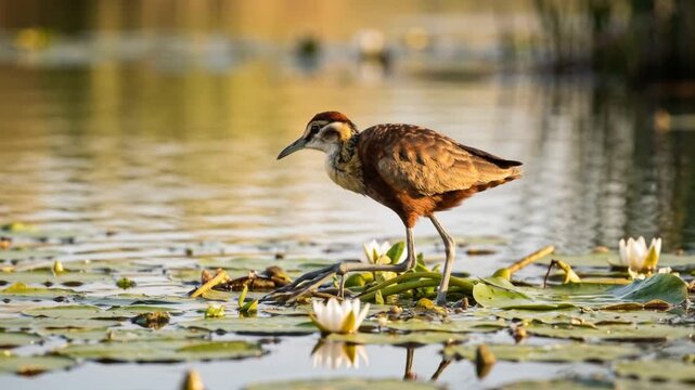 Lesser Jacana bird in search at the lake morning light