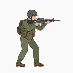 Naklejka premium Soldier in Action: A determined soldier stands at attention, his rifle trained, embodying focus and military precision.