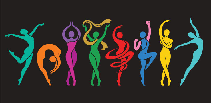 Dynamic and graceful illustration featuring a diverse group of female dancers in vibrant colors, capturing the essence of artistic movement and rhythmic expression against a stark background