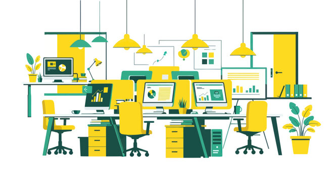 Modern Office Interior with Desks, Computers, and Yellow Accents