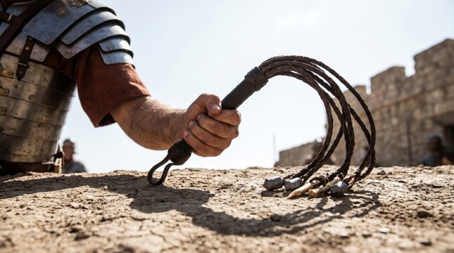 Roman soldier holding a leather lash or flagrum. Ancient military officer with whip used for scourgings. Biblical scene depicting the Passion of Christ and Catholic religion history.