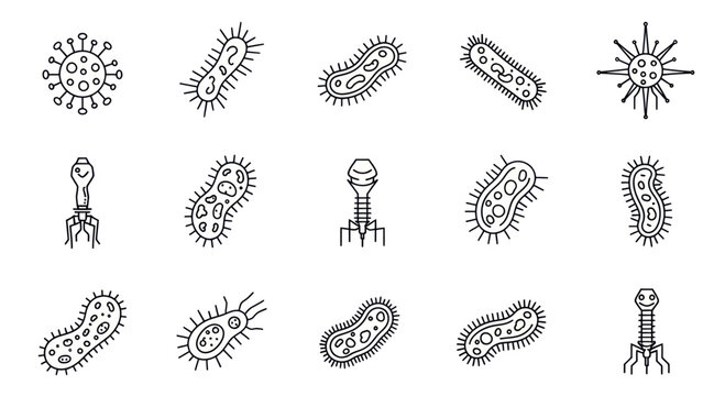 Collection of hand-drawn virus and bacteria icons, scientific research and microbiology concept
