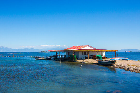 Traditional wooden stilt house called Pelada in the Messolonghi lagoon, Tourlida, Greece
