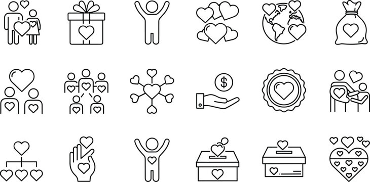 Charity and Love Icon Set Featuring Heart Symbols, Donation, Gifts, People, Money, and Global Love Concepts for Websites, Apps, and Digital Media