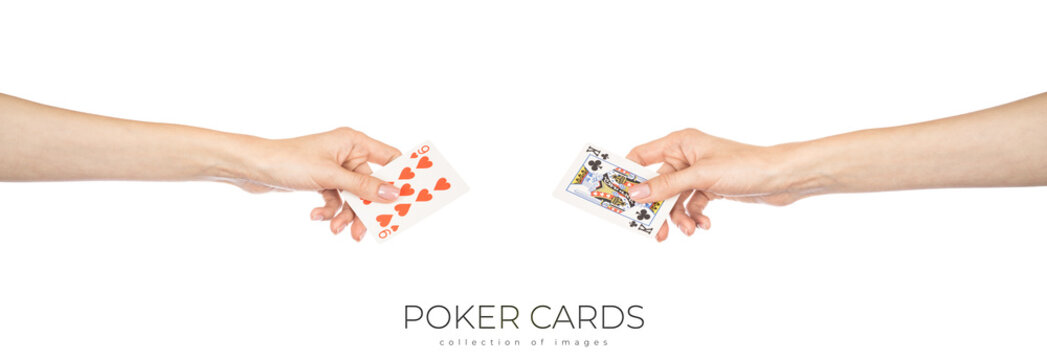 Playing cards in hand isolated on white background