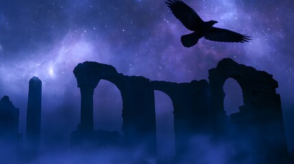 Obraz premium Mystical raven soars above ancient ruins bathed in cosmic starlight a fantasy vision