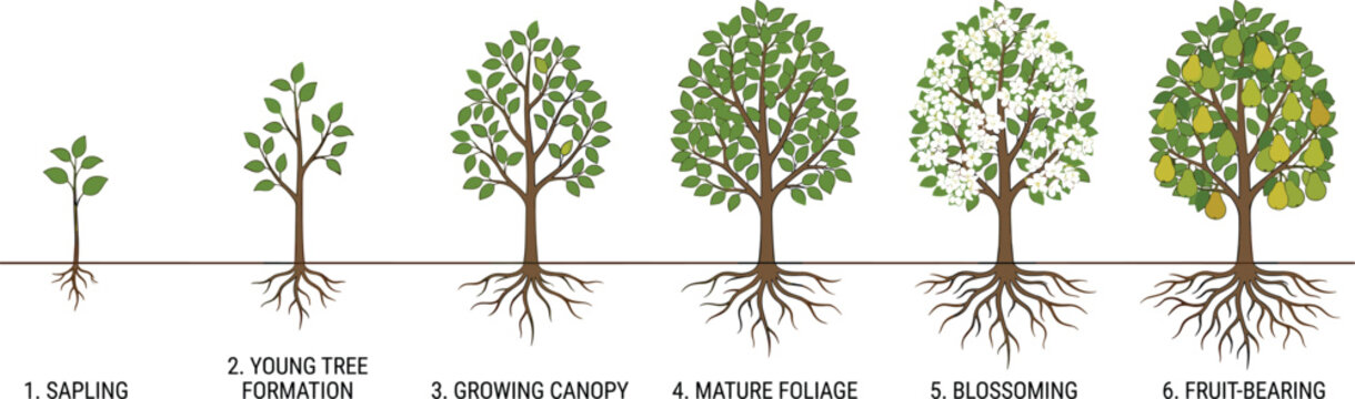Life cycle of a tree from seedling to mature fruit-bearing plant