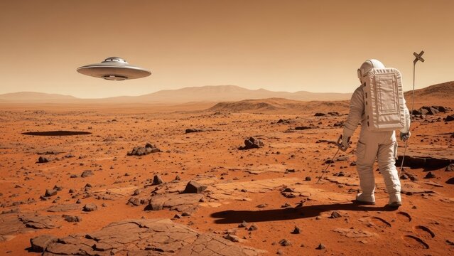 Astronaut exploring red planet surface encounters a hovering alien spaceship