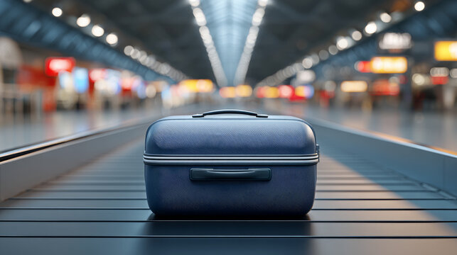 Blue hard-shell suitcase placed on a luggage carousel in an airport terminal with blurred background of check-in counters and overhead lights