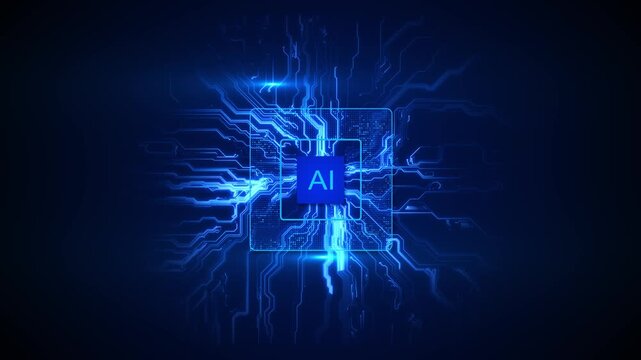 AI chip technology background glowing blue processor, circuit paths, digital board lines, dark futuristic space. artificial intelligence machine learning promos, automation titles, research edits tech