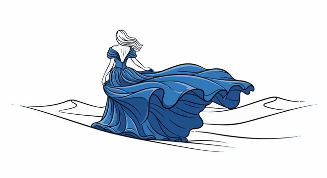 Woman in flowing blue gown in a sandy landscape