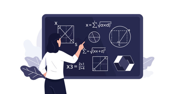 Female Teacher Explaining Complex Mathematics and Geometry Formulas on Blackboard