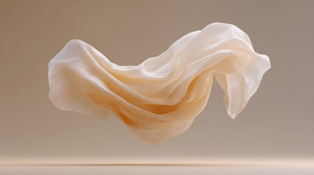 Light beige fabric draped elegantly in mid-air against a soft gradient background, showcasing delicate texture and flowing movement in a minimalist composition