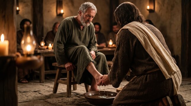 Jesus washing foot of disciple. Biblical scene of Maundy Thursday. Man kneeling to perform act of service and humility. Religious historical reenactment for christian faith and worship.