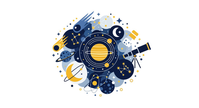Flat Vector Illustration of Astronomy and Space Elements including Planets, Stars, Constellations, and Telescope on White Background