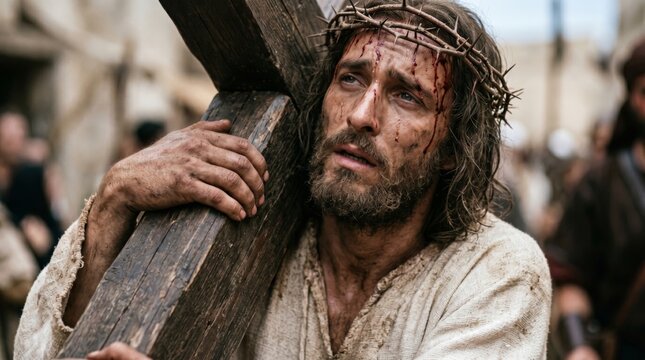 Jesus carrying the wooden cross wearing a crown of thorns with blood on his face. Cinematic depiction of biblical scenes for Easter. Symbolic representation of faith and sacrifice.