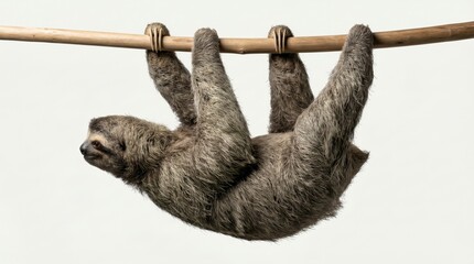 Fototapeta premium Slow-moving sloth hanging from a branch, symbolizing relaxation, calmness, and peaceful lifestyle.