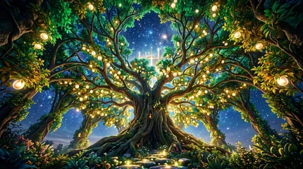 Fototapete Mädchenzimmer Majestic tree of life with glowing lights under a starry night sky. Christian conceptual art representing divine creation, paradise and garden of Eden. Spiritual landscape illustration.  © Pixcellence
