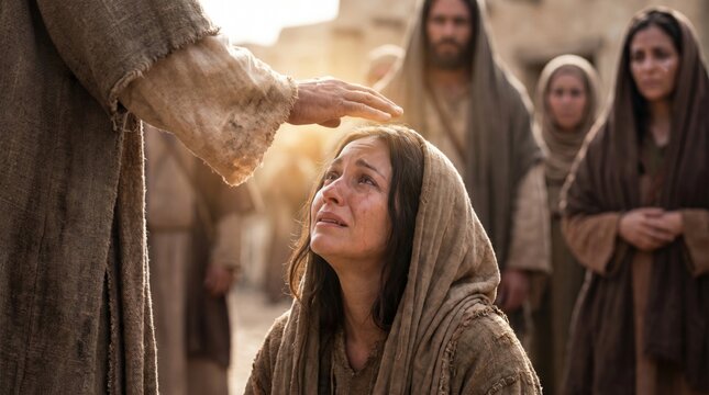 Jesus touching weeping woman on head to offer blessing and comfort. Biblical scene of faithful believer kneeling in prayer to god. Historical religious concept for Easter celebration.