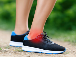 Naklejka premium Runner ankle injury with red inflammation pain on trail wearing black and blue sports shoe