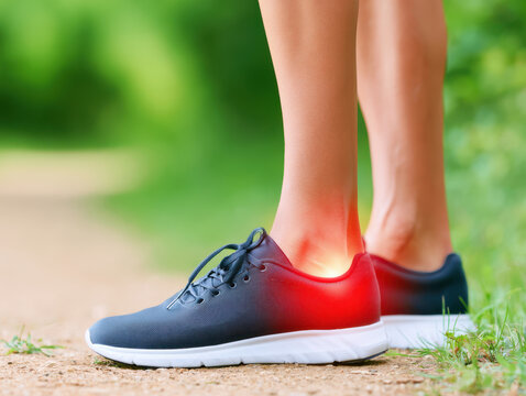Achilles tendon injury pain highlighted in red on runner ankle wearing blue sports shoes on trail