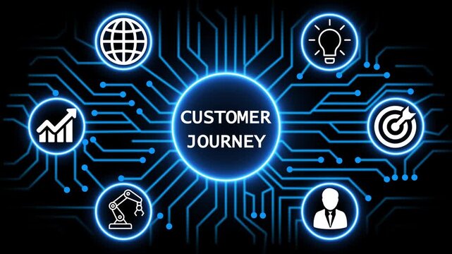 customer journey concept with circuit lines and digital symbols hovering above a businessman, technology. manufacturing process management all connected in a digital circle like pattern.