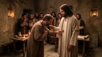 Fototapeta premium Jesus showing his wounds to the apostle Thomas inside a stone room. Biblical scene depicting the resurrection and faith. Religious concept for Easter and Christian worship ministry.