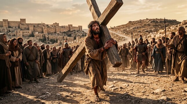 Jesus carrying wooden cross towards crucifixion. Man wearing crown of thorns walking in desert surrounded by Roman soldier and crowd. Biblical scene of suffering for Easter religious art.
