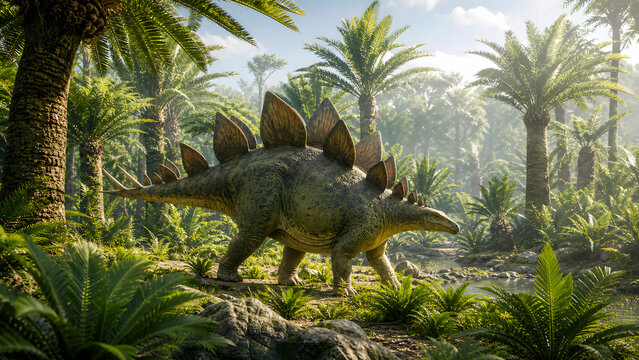 Stegosaur walking through a bright prehistoric cycad grove