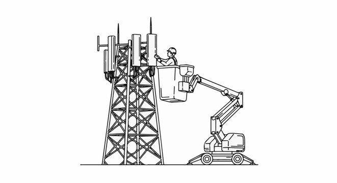 Worker in lift basket repairs telecommunication tower with cherry picker