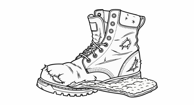 Worn, torn work boot with detached, textured sole