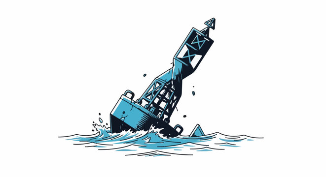 A buoy is sinking in the water with waves and a shark fin