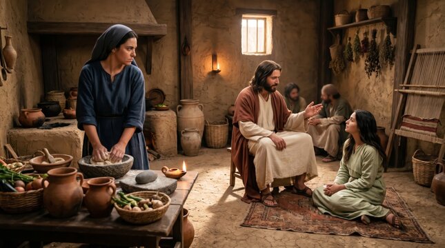 Jesus sitting and teaching woman in biblical home while another woman prepares food. Historical scene depicting Mary and Martha. Religious story for Christian faith and education.