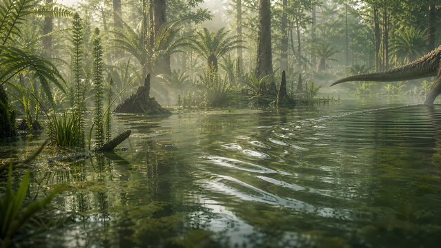 Subtle dinosaur wake through a quiet prehistoric swamp