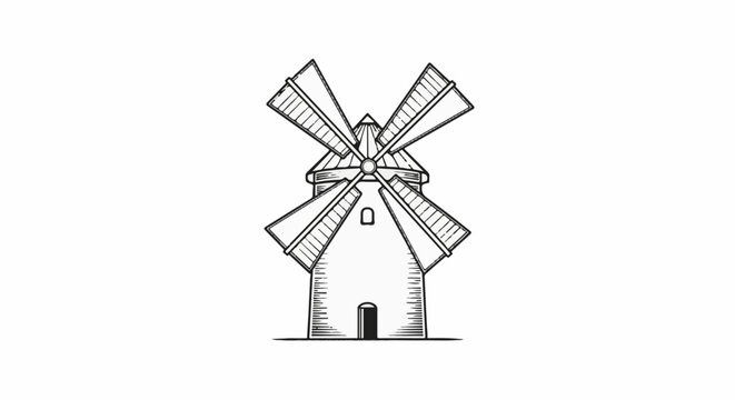 Vintage sketched windmill with large sails against a white background