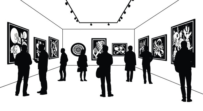 art gallery visitors viewing paintings on walls black silhouette high quality