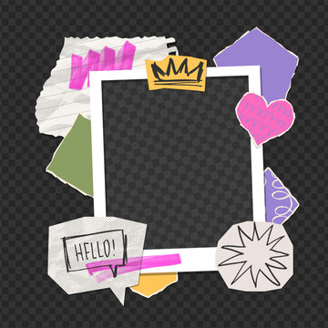 Handmade scrapbook square frame collage with ripped paper sheets, doodle crown, heart sticker and speech bubble, grunge textured template with empty center for photo, note, comic textbox. Vector