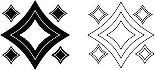 Geometric diamond star icons in solid black and outline styles for celestial magic or spark decorative design elements. © Rokeya