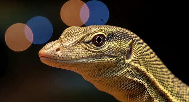 Close-up of green lizard with brown spots looking alert