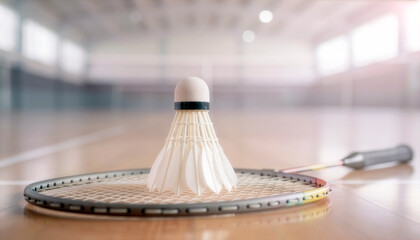 Naklejka premium Professional shuttlecock on a badminton racket placed on a polished wood floor in a bright, spacious indoor sports hall with soft natural light.